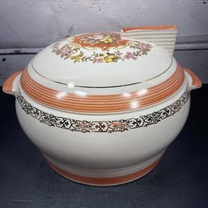 Casserole Dish Art Deco 2 Quart Sundial Lid Floral Orange Trim Gold Gilded